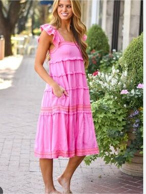 J. Marie Bright Pink Tiered Midi Dress with Ruffle Shoulders